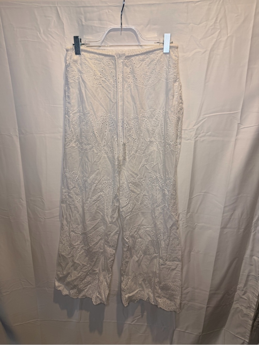 blue island White Eyelet Drawstring Wide-Leg Coverup Pants